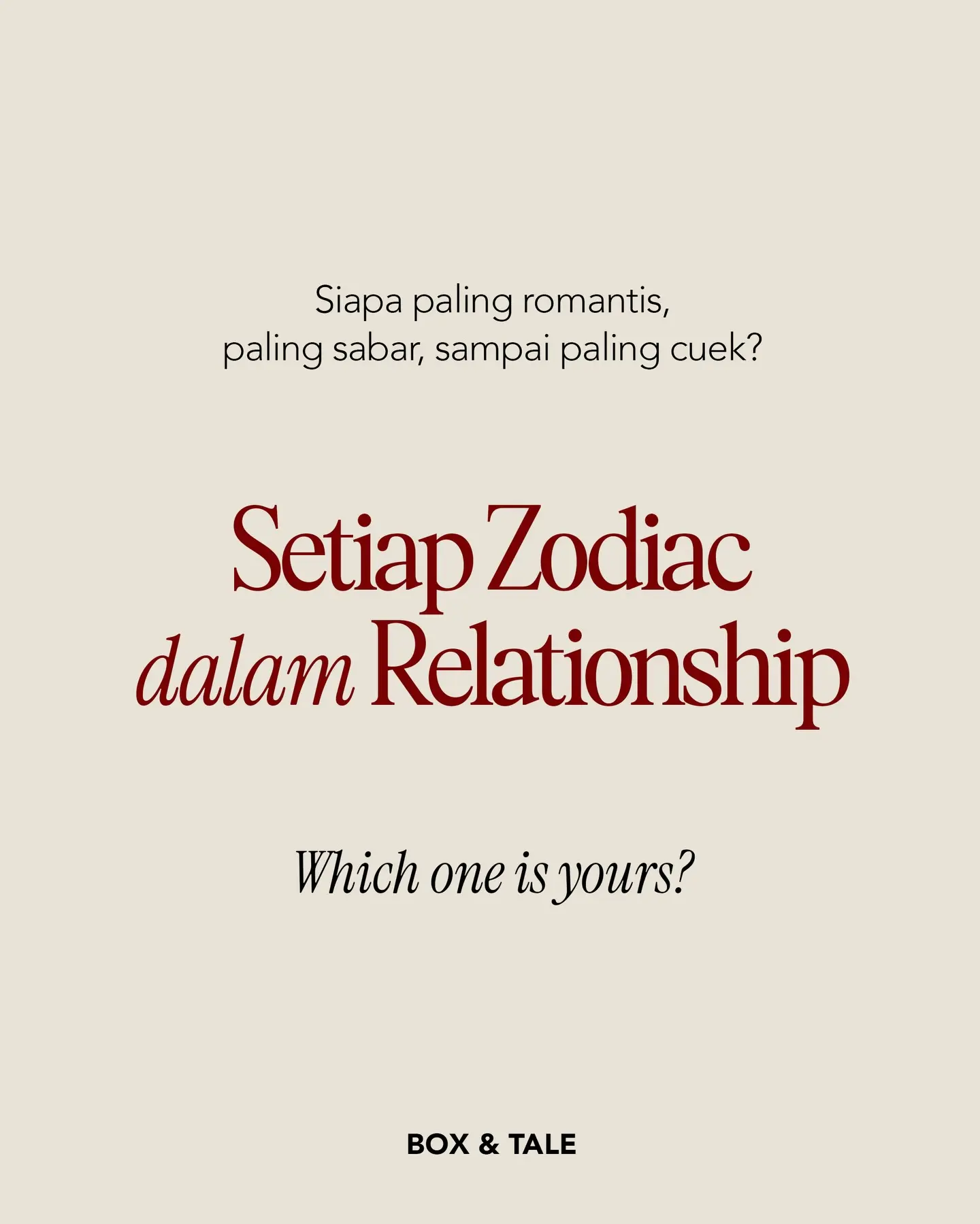 Ada yang sabar banget, ada yang romantis, ada juga yang keliatan cuek. Tapi bukan berarti nggak sayang, cuma beda cara aja 🤗💕✨

Kamu masuk yang mana? 👀
Share ke pasangan kamu 💌

#boxandtale #zodiac #relationship