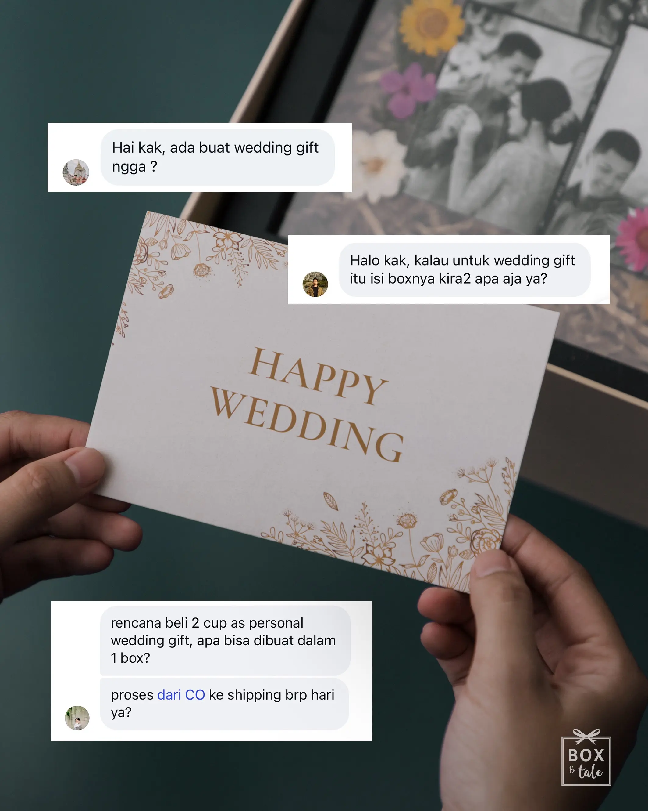 Mungkin itu kenapa wedding gifts terasa beda, because someone actually took the time to think about you two!🤵🏻‍♂️👰🏻‍♀️ 💌✨

Featuring Box & Tale’s Wedding Gift Creations.

#boxandtale #weddinggiftideas #kadopernikahanunik