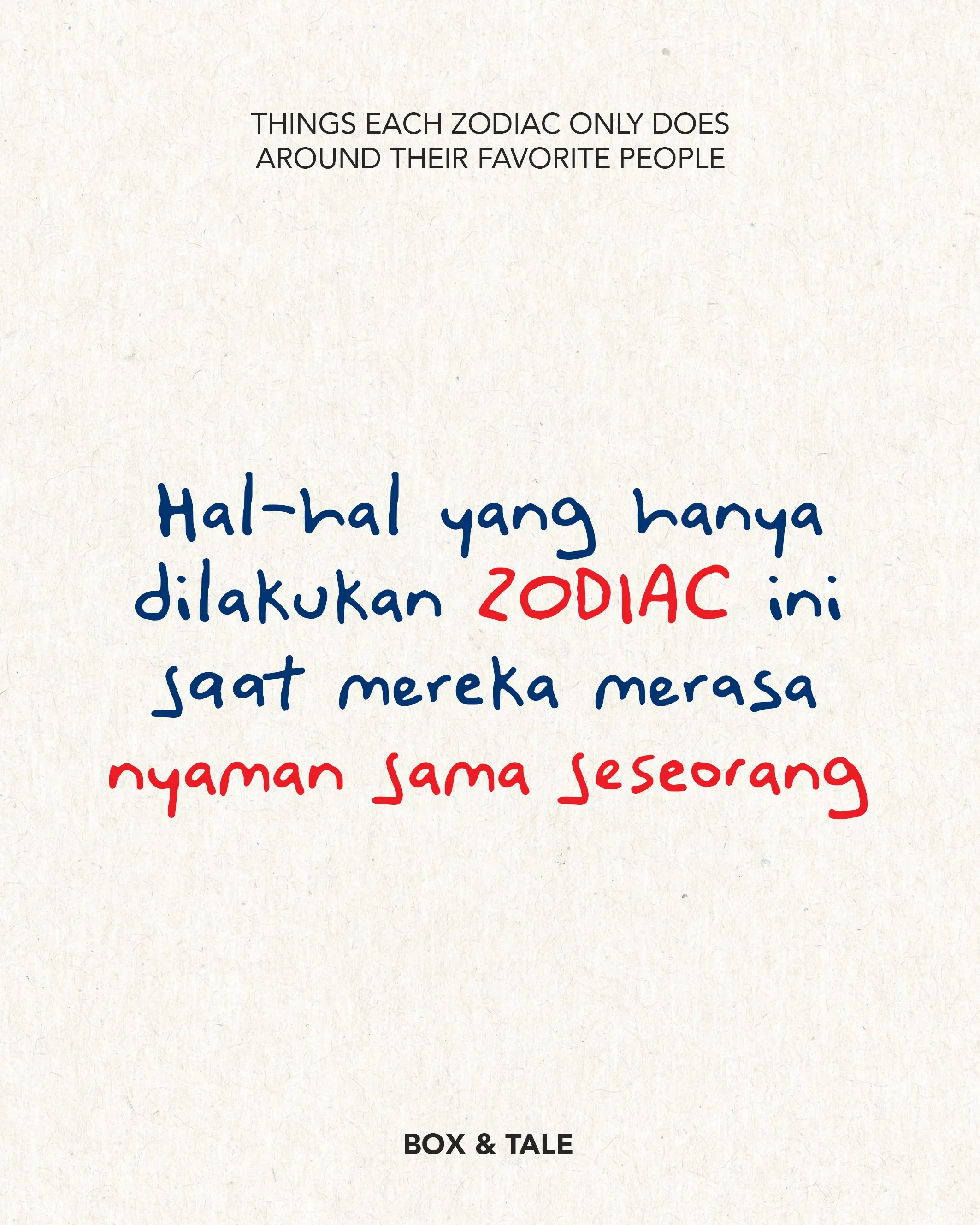 Versi diri seseorang yang kita lihat, belum tentu versi yang dilihat semua orang 😘😜

Karena ada sisi-sisi tertentu yang biasanya baru muncul saat mereka merasa nyaman dan aman di dekat seseorang 🫶🏻✨

Which one is yours? 👀

#boxandtale #zodiac