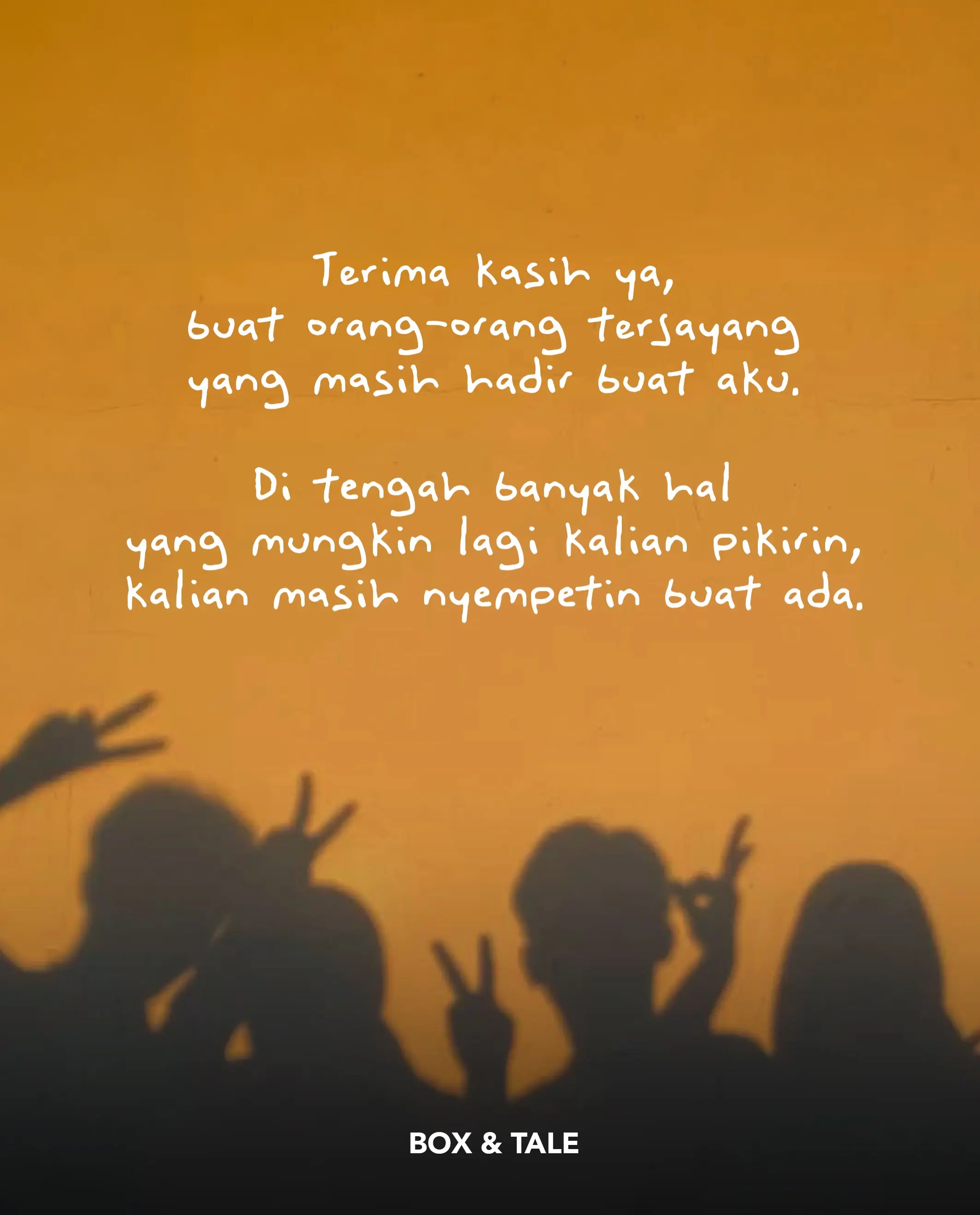 Lately rasanya semua orang lagi punya banyak hal untuk dipikirin.

Mungkin itu juga yang bikin kehadiran seseorang terasa lebih berarti dari biasanya 🤗🤗🤗

Seseorang yang masih menyempatkan diri untuk check-in, meluangkan waktu, dan menemani kita melewati hari-hari biasa.

Untuk mereka: THANK YOU!🤍

Kalau ada satu orang yang langsung kepikiran waktu baca ini, maybe send this to them.

#boxandtale