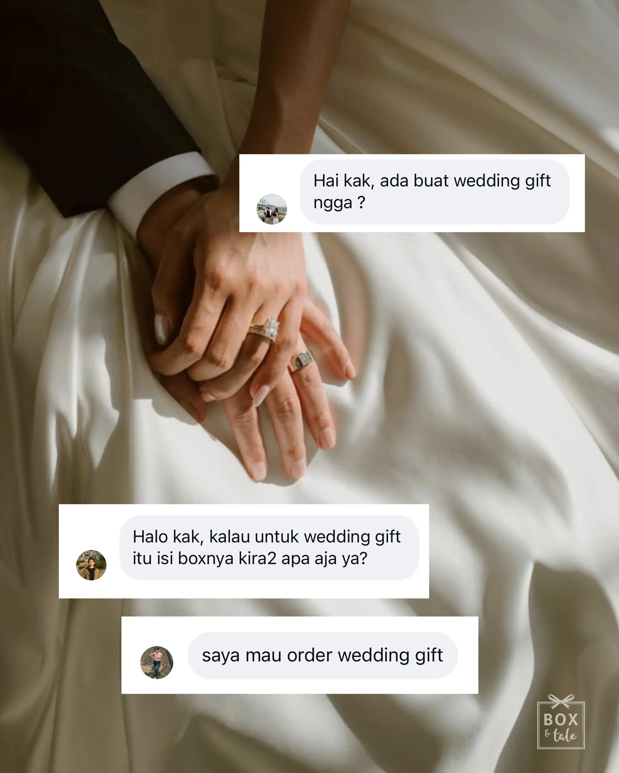 We think one of the sweetest things about weddings is...

Everyone shows up carrying a little piece of love.
Ada yang datang bawa doa.
Ada yang datang bawa cerita.
Ada yang datang bawa hadiah yang dipilih dengan thoughtful.

And we think that’s beautiful!

#boxandtale #kadopernikahanunik #kadowedding #weddinggiftideas #customgiftbox