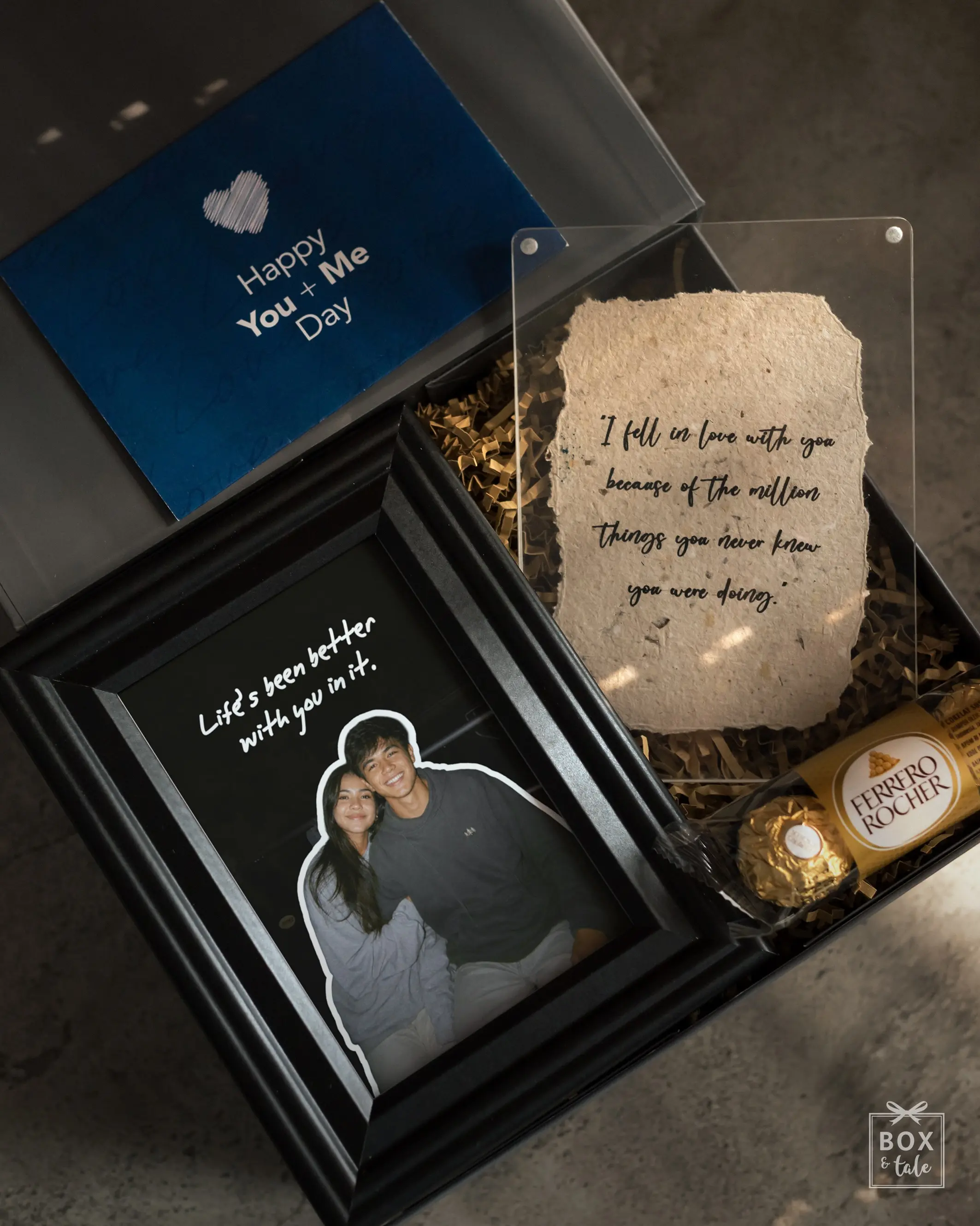 Cuma beberapa hal yang pengen aku bilang: “life’s been better with you in it.”

Swipe through, there’s more. →

And yes, Samira’s name on the box. Because obviously, this one’s hers.

“I fell in love with you because…” And somehow, makin lama kenal kamu, makin panjang juga jawabannya.

Somewhere between all the random photos we took, we made a lot of memories too. Life’s been better with you in it.

And something sweet, just because. Ferrero never hurts.

No anniversary required. Sometimes it’s just:
Happy You + Me Day.