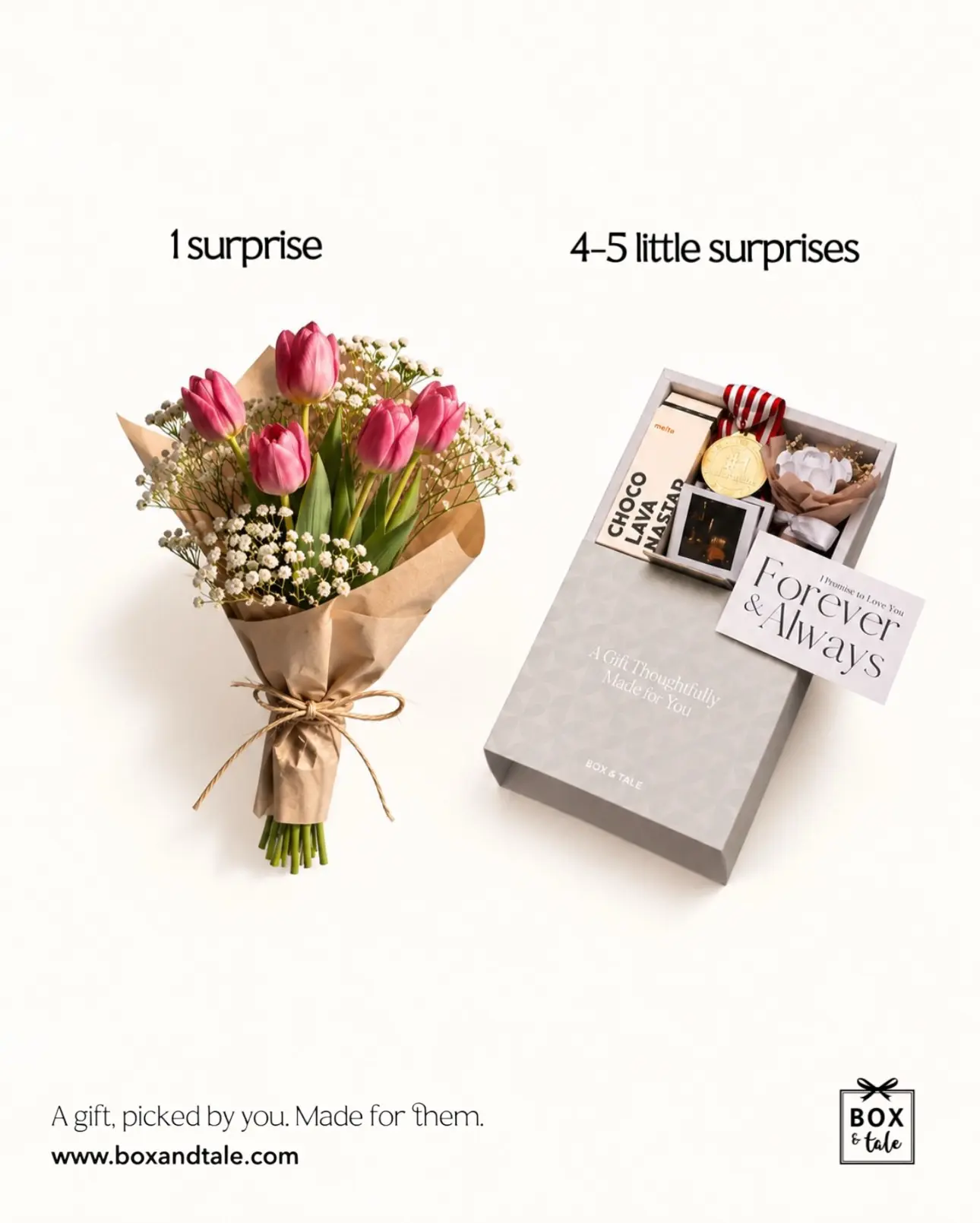 You’ll probably spend the same amount anyway. Tapi kalau bisa bikin mereka senyum sedikit lebih lama, why not? 🎁

Same budget, just a little more personal.
Build your own gift at www.boxandtale.com