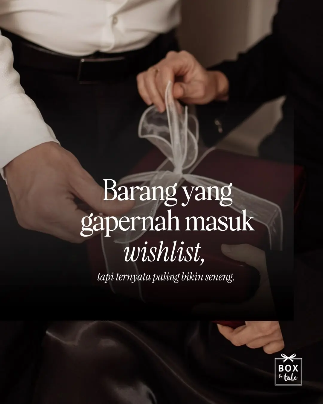 Kadang yang bikin gift terasa special bukan barangnya, tapi karena ada someone yang inget hal kecil tentang kamu. 💕

Hal yang pernah kamu ceritain, kamu suka, bahkan mungkin udah kamu lupain sendiri. Turns out, being remembered feels this sweet.

Kalau kamu punya someone yang pengen kamu kasih little surprise, let Box and Tale make it personal.
